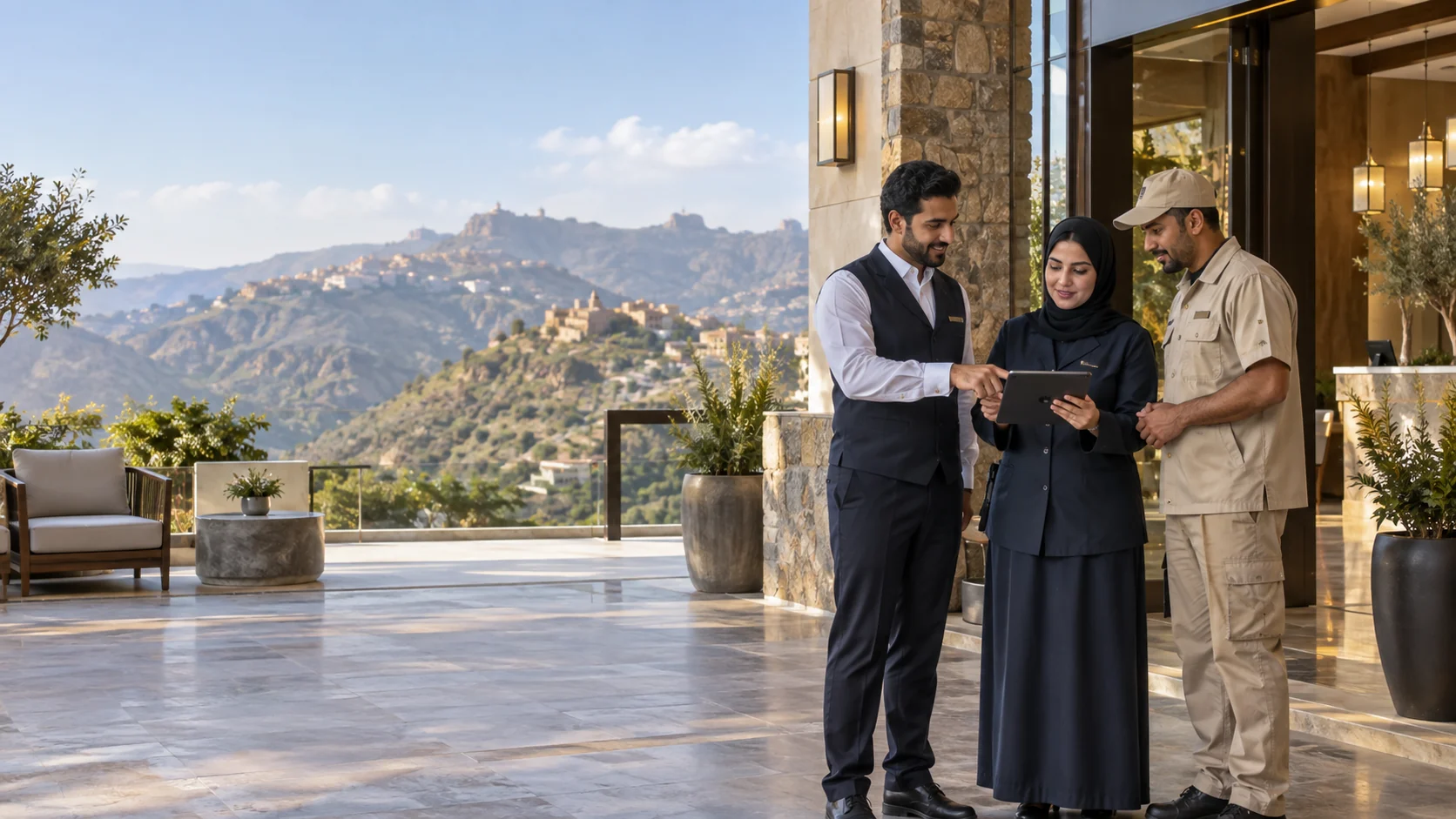 Illustrative hospitality team coordinating a shift handover at an Abha-inspired hillside property